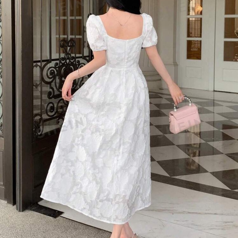 DAZY Texture Jacquard Square Neckline Puff Sleeves Midi Dress w Cinched Waist M - Picture 4 of 15